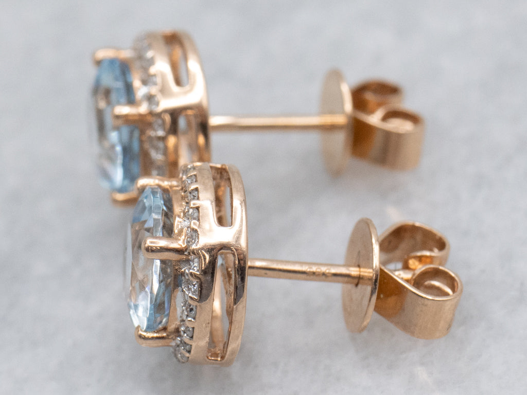 Modern Rose Gold Aquamarine with Diamond Halo Stud Earrings