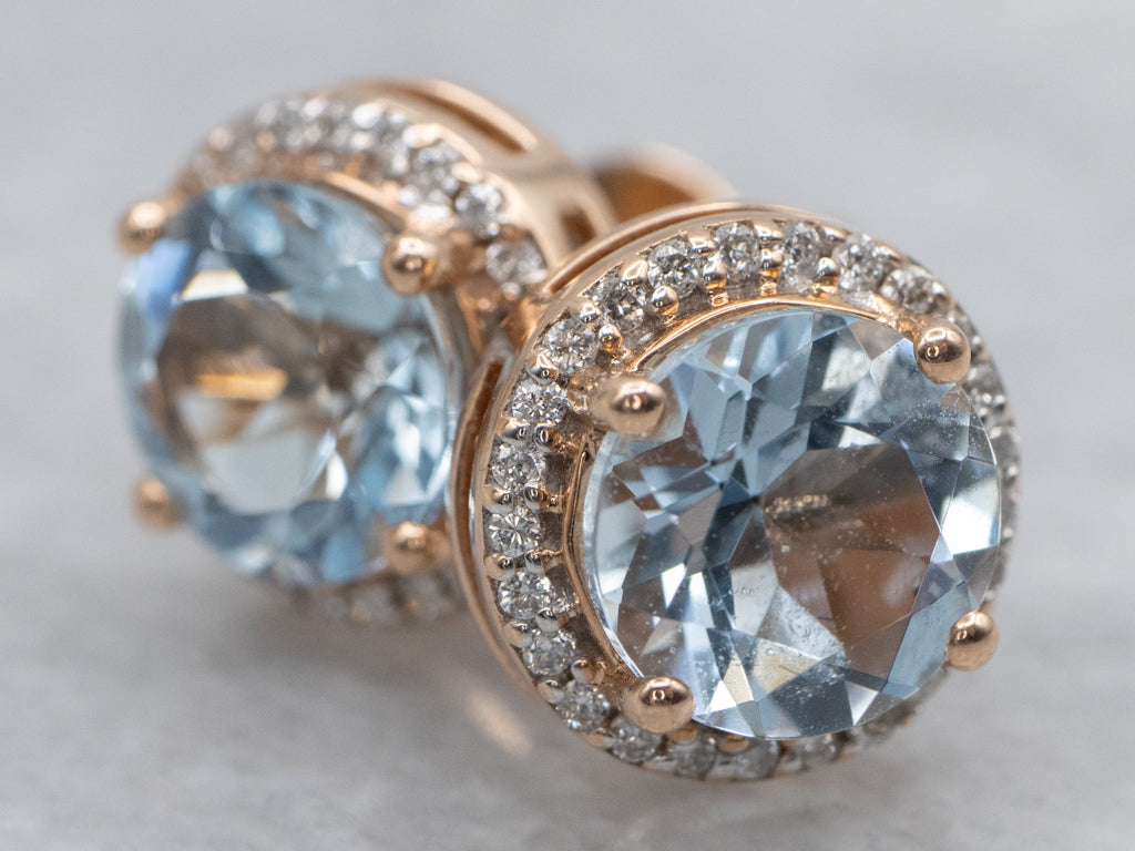 Modern Rose Gold Aquamarine with Diamond Halo Stud Earrings