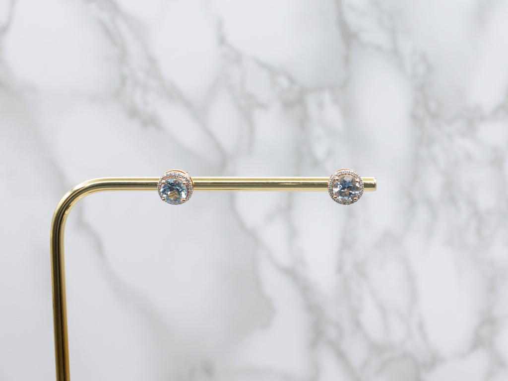 Modern Rose Gold Aquamarine with Diamond Halo Stud Earrings