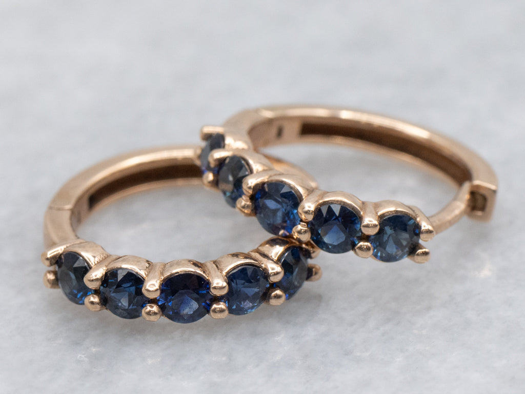 Modern Rose Gold Sapphire Huggie Hoop Earrings