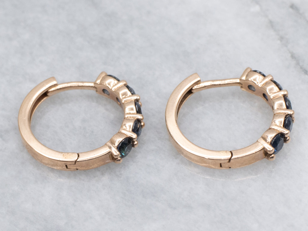Modern Rose Gold Sapphire Huggie Hoop Earrings
