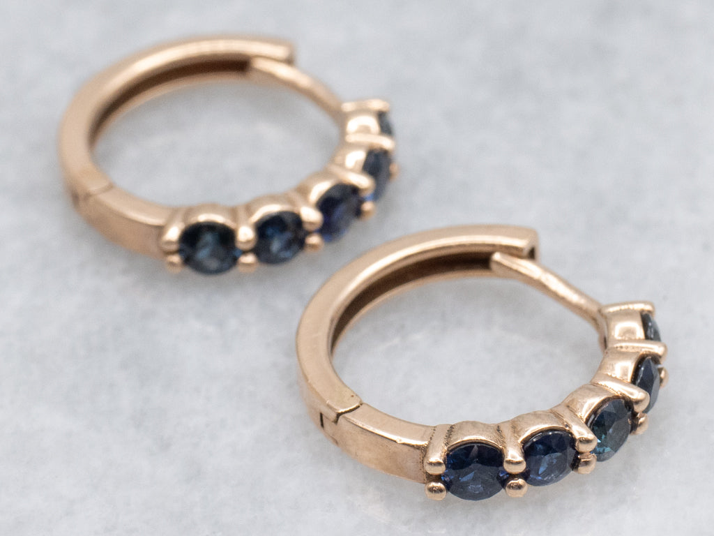 Modern Rose Gold Sapphire Huggie Hoop Earrings