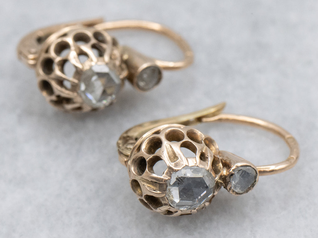 Circa 1895 Antique Gold Rose-Cut Diamond Earrings with Leverback Findings