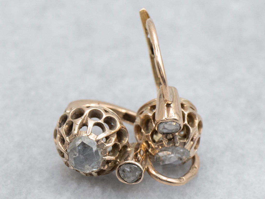 Circa 1895 Antique Gold Rose-Cut Diamond Earrings with Leverback Findings