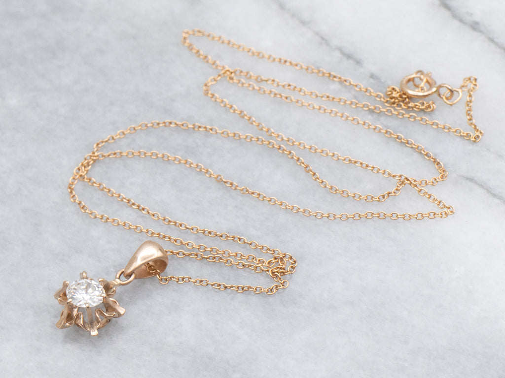 Old Mine Cut Buttercup-Set Diamond Solitaire Necklace