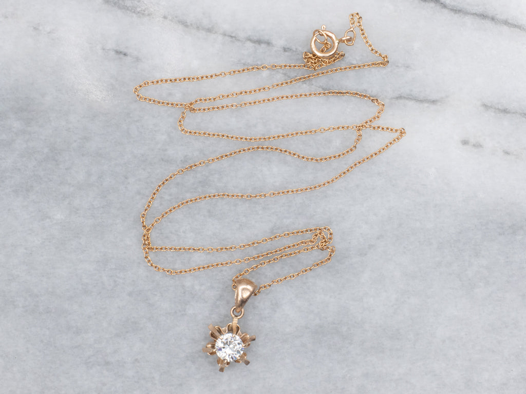Old Mine Cut Buttercup-Set Diamond Solitaire Necklace