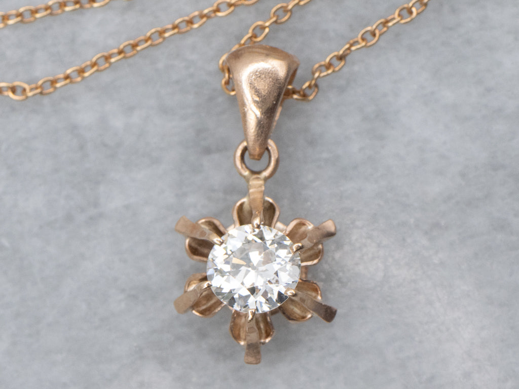 Old Mine Cut Buttercup-Set Diamond Solitaire Necklace