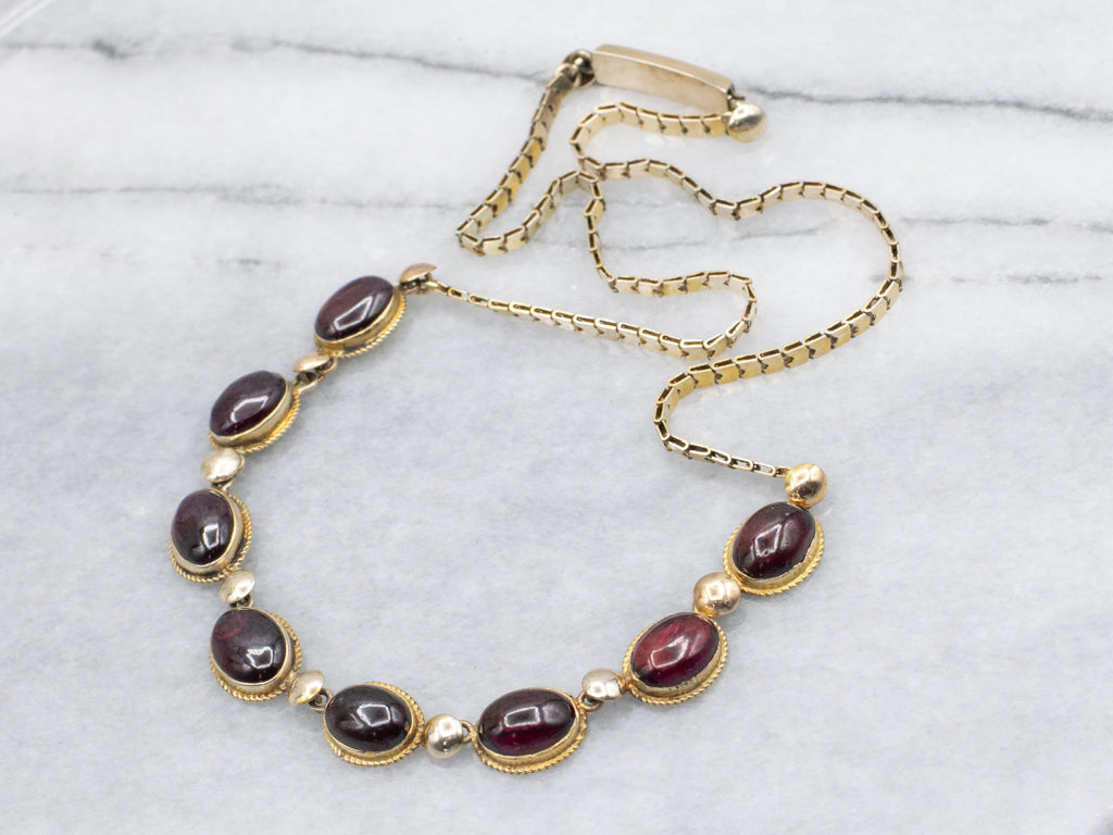 Vintage Gold Garnet Cabochon Link Necklace