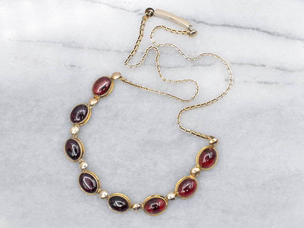 Vintage Gold Garnet Cabochon Link Necklace