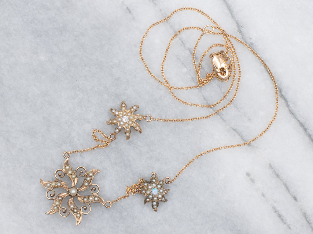Rose Gold Diamond Pearl and Opal Starburst Necklace Circa. 1890