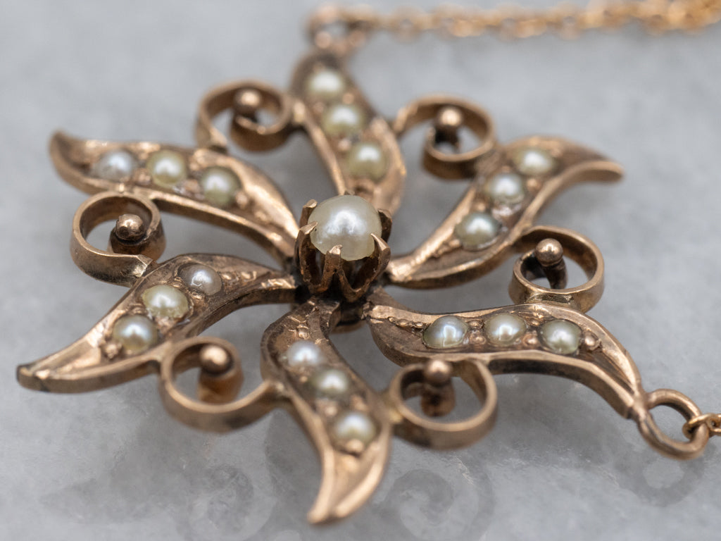 Rose Gold Diamond Pearl and Opal Starburst Necklace Circa. 1890