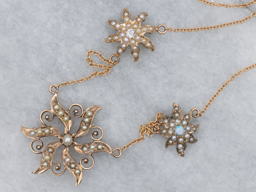 Rose Gold Diamond Pearl and Opal Starburst Necklace Circa. 1890