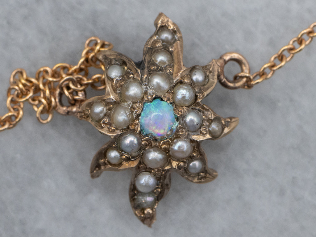 Rose Gold Diamond Pearl and Opal Starburst Necklace Circa. 1890