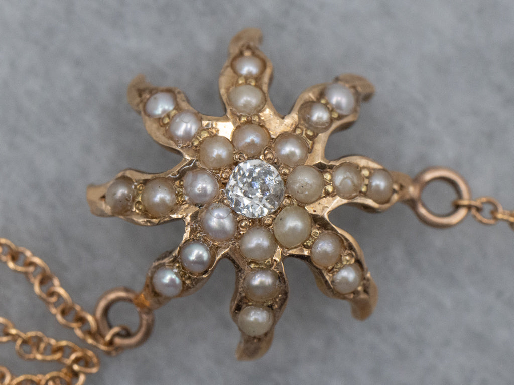 Rose Gold Diamond Pearl and Opal Starburst Necklace Circa. 1890