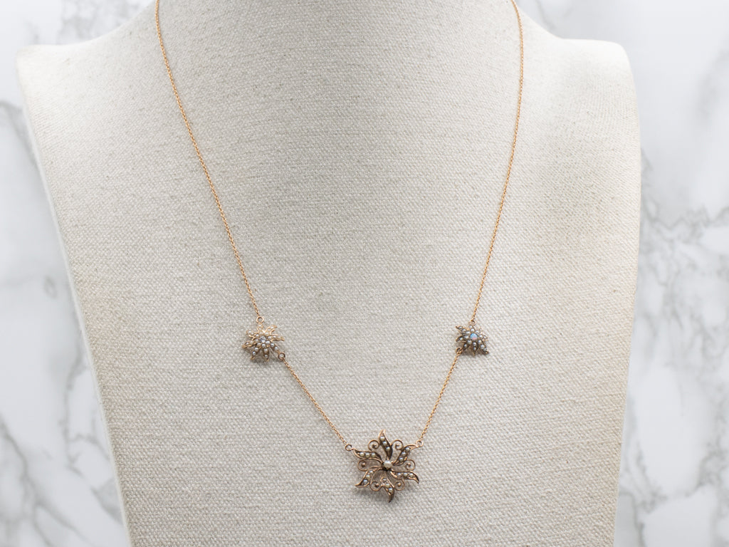 Rose Gold Diamond Pearl and Opal Starburst Necklace Circa. 1890