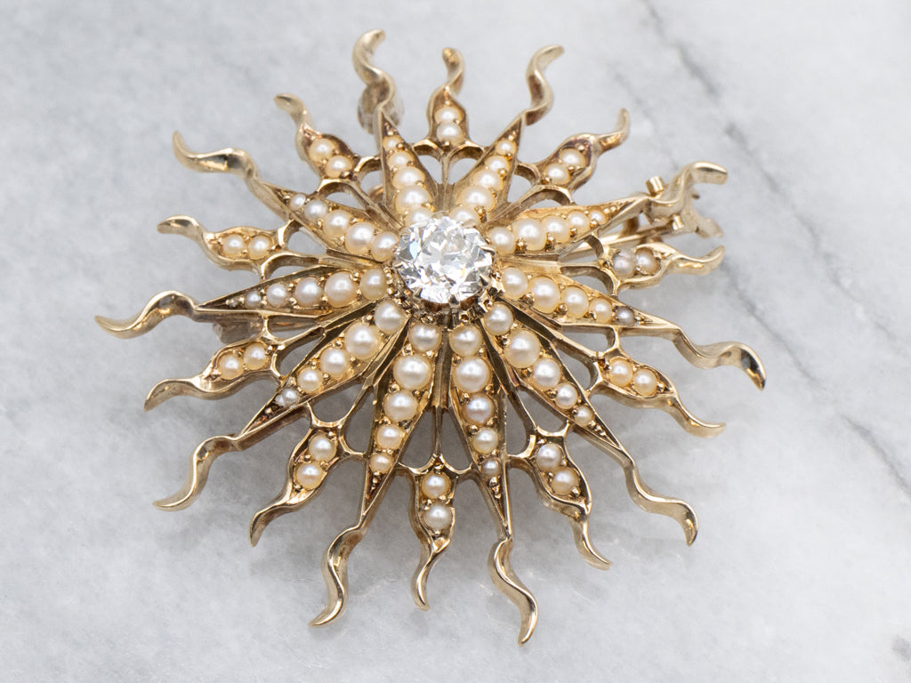 Antique Old Mine Cut Diamond and Seed Pearl Gold Sunburst Pin or Pendant
