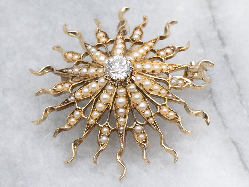 Antique Old Mine Cut Diamond and Seed Pearl Gold Sunburst Pin or Pendant