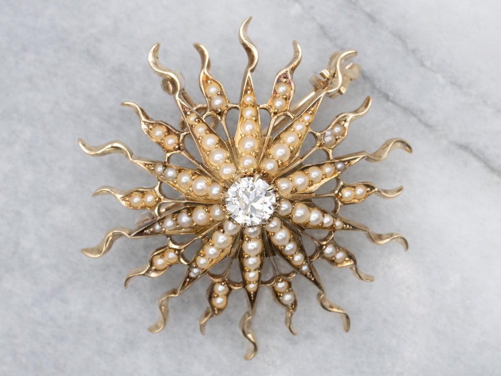 Antique Old Mine Cut Diamond and Seed Pearl Gold Sunburst Pin or Pendant