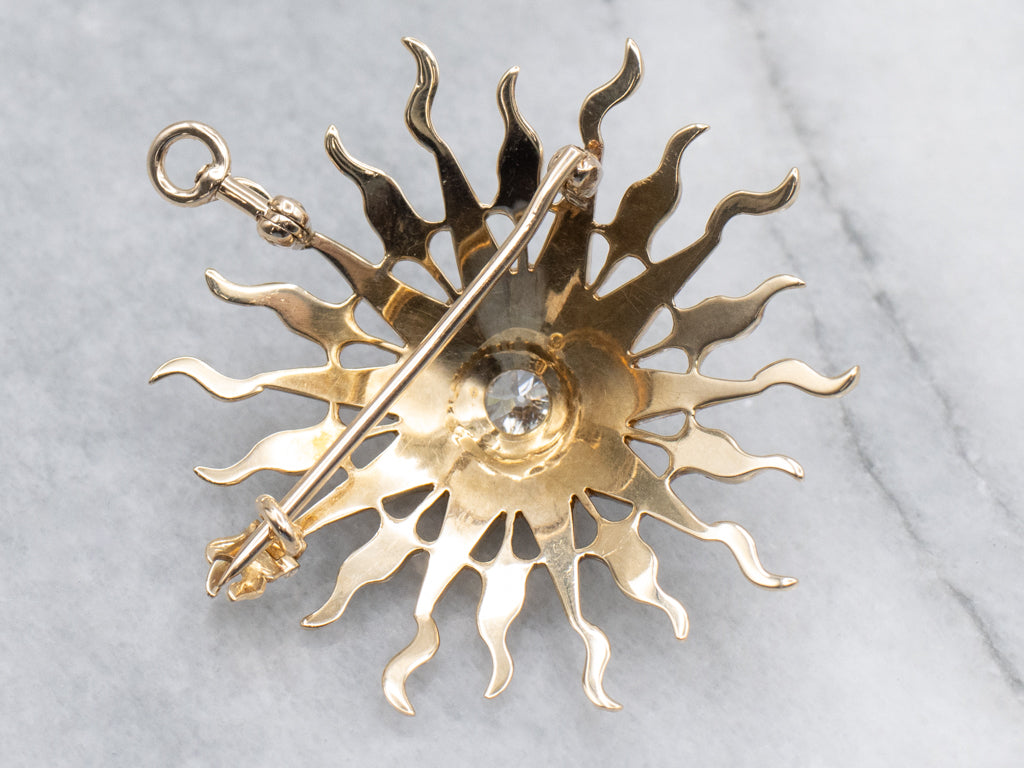 Antique Old Mine Cut Diamond and Seed Pearl Gold Sunburst Pin or Pendant