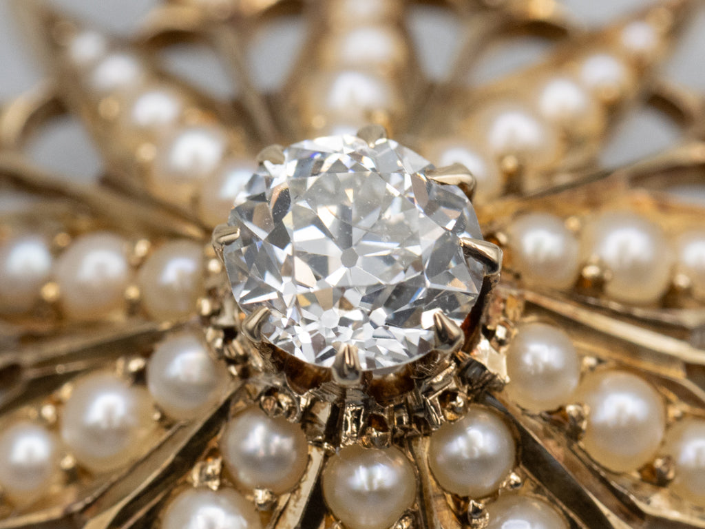 Antique Old Mine Cut Diamond and Seed Pearl Gold Sunburst Pin or Pendant
