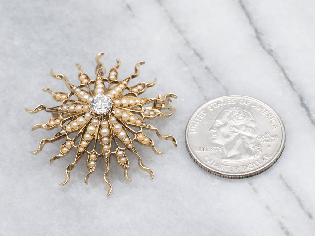 Antique Old Mine Cut Diamond and Seed Pearl Gold Sunburst Pin or Pendant