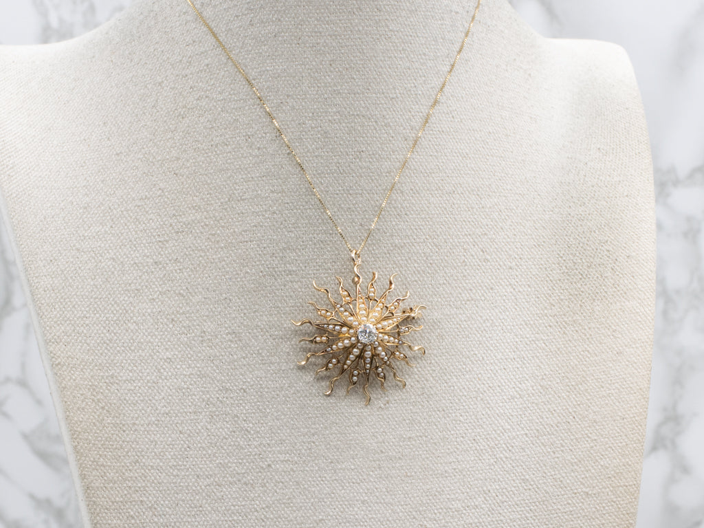 Antique Old Mine Cut Diamond and Seed Pearl Gold Sunburst Pin or Pendant