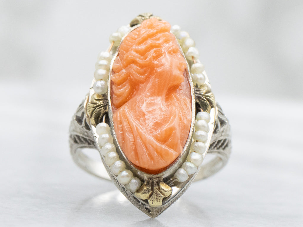 Antique Gold Filigree Carved Coral Cameo Ring with Seed Pearl Halo