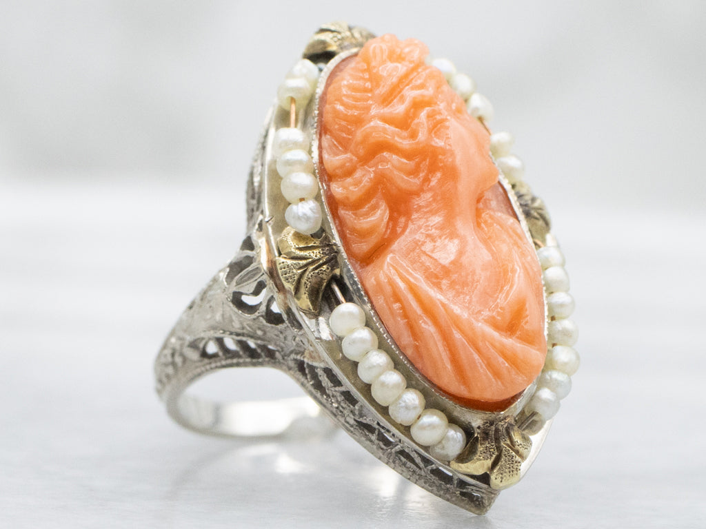 Antique Gold Filigree Carved Coral Cameo Ring with Seed Pearl Halo