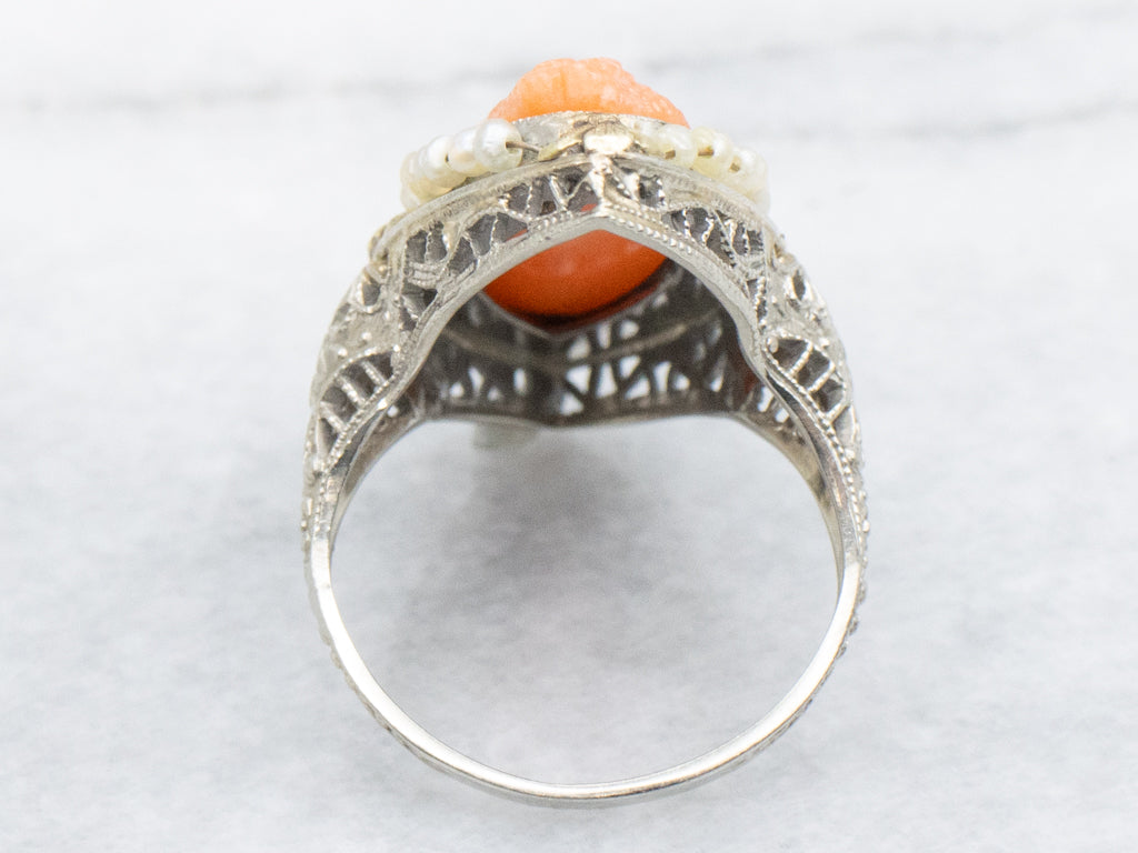 Antique Gold Filigree Carved Coral Cameo Ring with Seed Pearl Halo