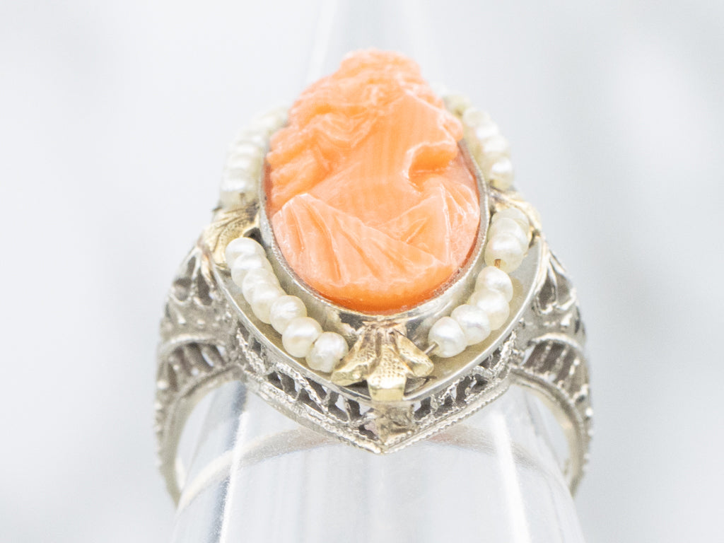 Antique Gold Filigree Carved Coral Cameo Ring with Seed Pearl Halo