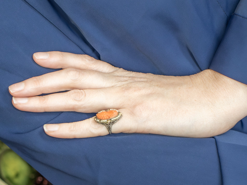 Antique Gold Filigree Carved Coral Cameo Ring with Seed Pearl Halo