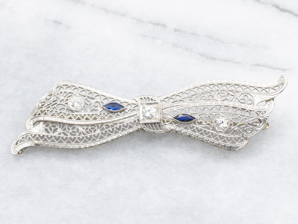 Antique Brod & Co Diamonds and Synthetic Sapphire Bow Brooch