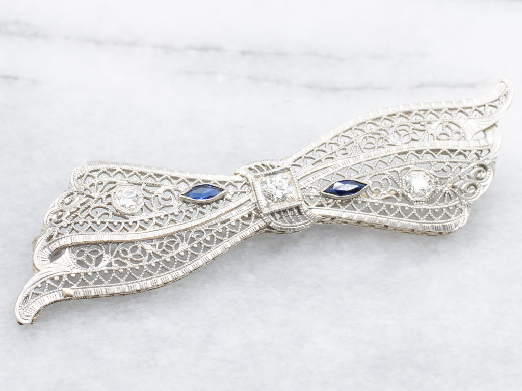 Antique Brod &amp; Co Diamonds and Synthetic Sapphire Bow Brooch