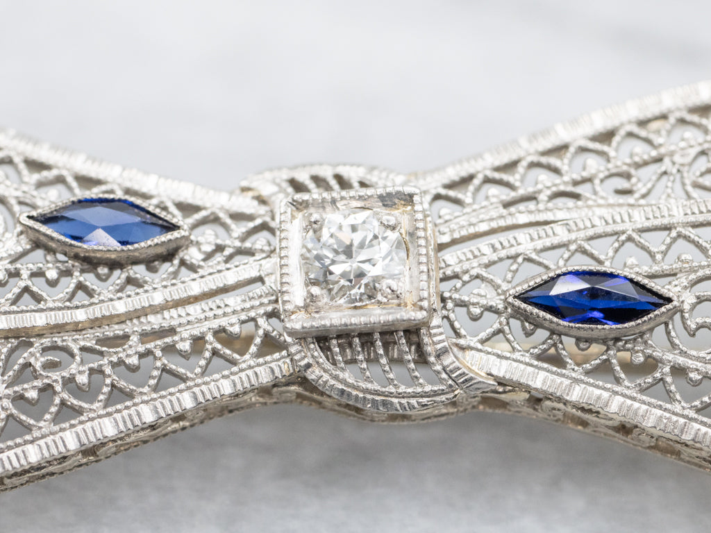 Antique Brod & Co Diamonds and Synthetic Sapphire Bow Brooch