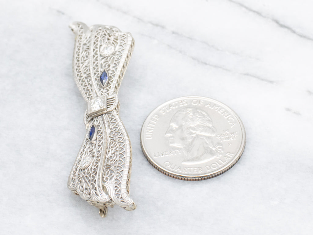 Antique Brod & Co Diamonds and Synthetic Sapphire Bow Brooch