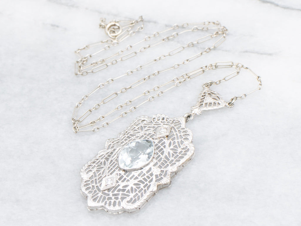 1930s White Gold Filigree Aquamarine Pendant Necklace