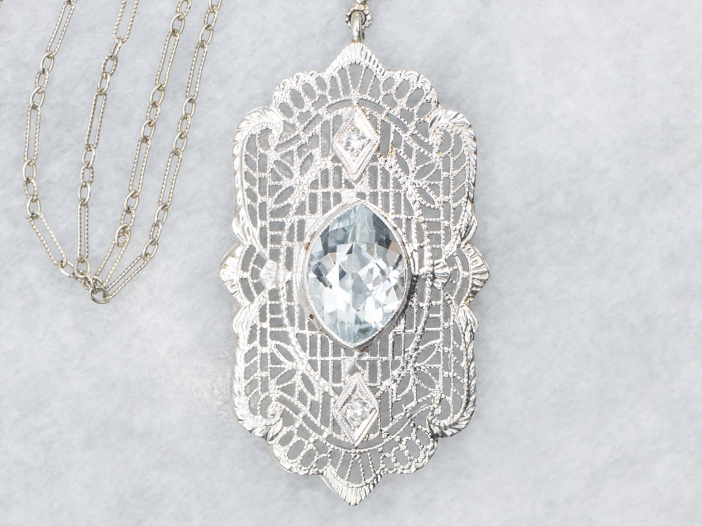 1930s White Gold Filigree Aquamarine Pendant Necklace