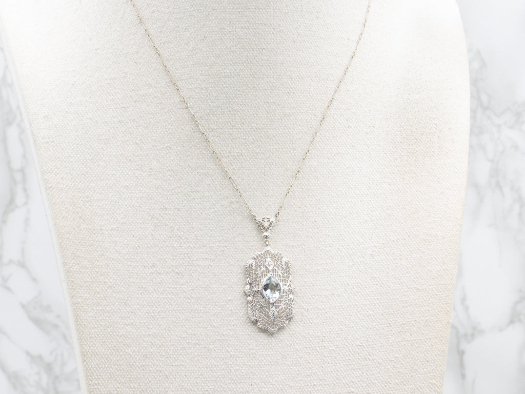 1930s White Gold Filigree Aquamarine Pendant Necklace