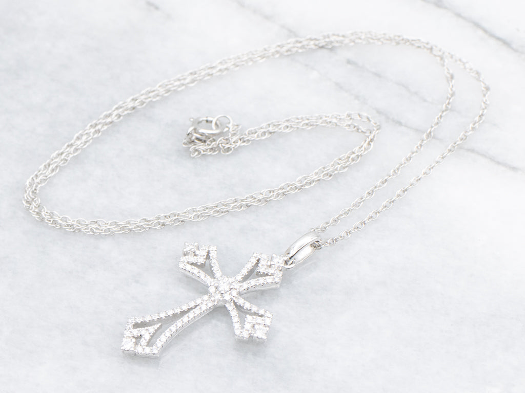 14K White Gold Diamond Cross Necklace
