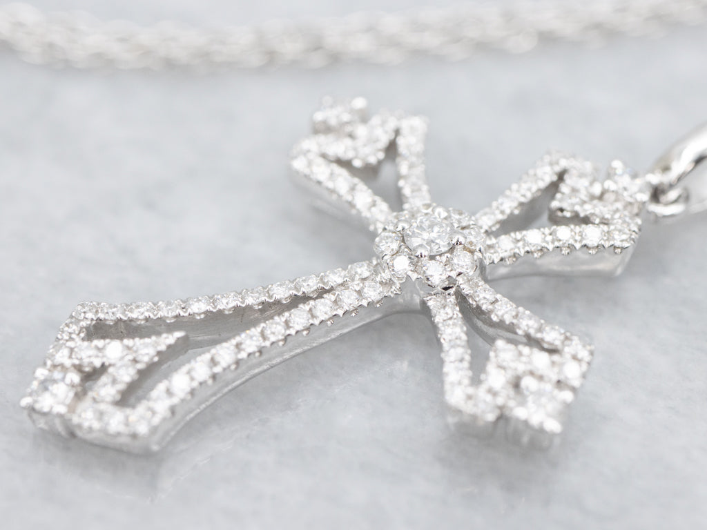 14K White Gold Diamond Cross Necklace
