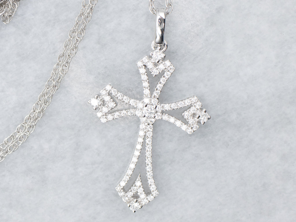 14K White Gold Diamond Cross Necklace