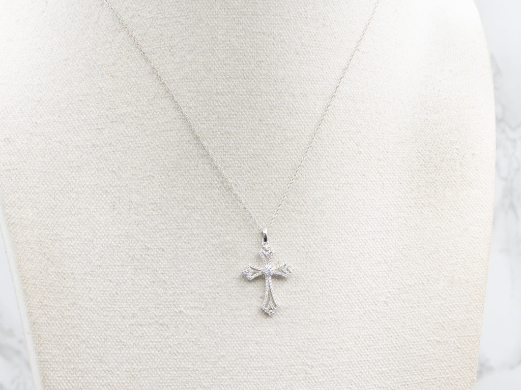 14K White Gold Diamond Cross Necklace