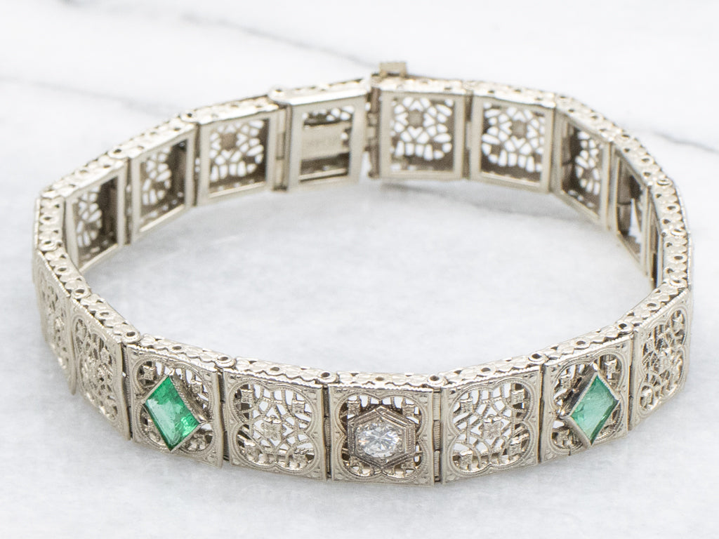 Art Deco Era Diamond and Emerald Filigree Link Bracelet
