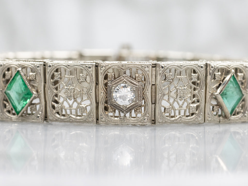 Art Deco Era Diamond and Emerald Filigree Link Bracelet