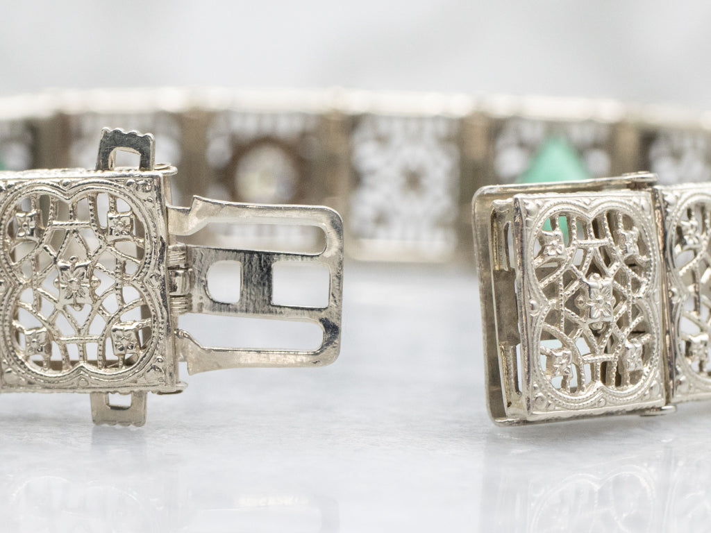 Art Deco Era Diamond and Emerald Filigree Link Bracelet