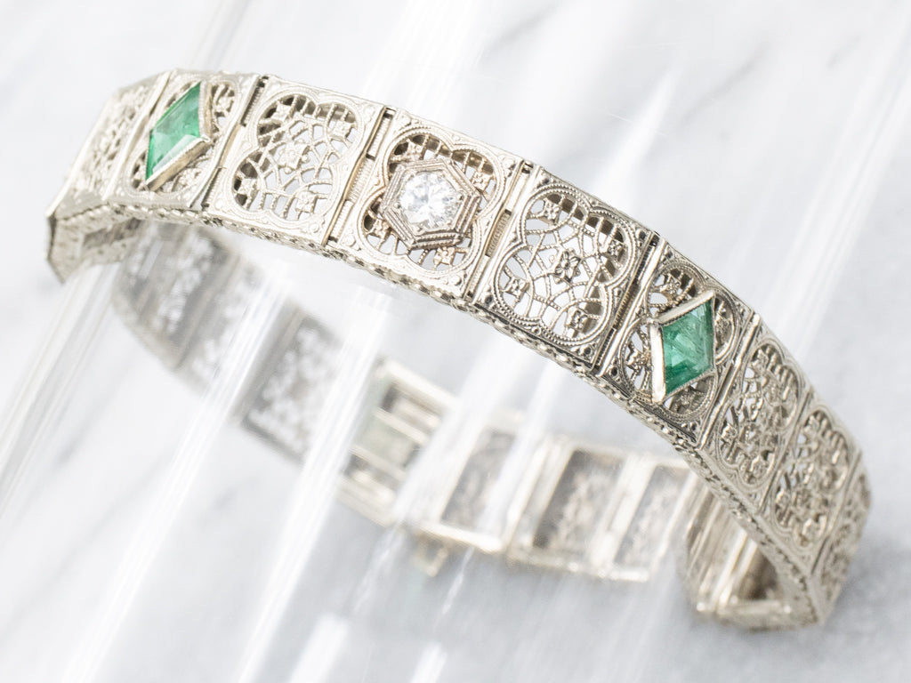 Art Deco Era Diamond and Emerald Filigree Link Bracelet