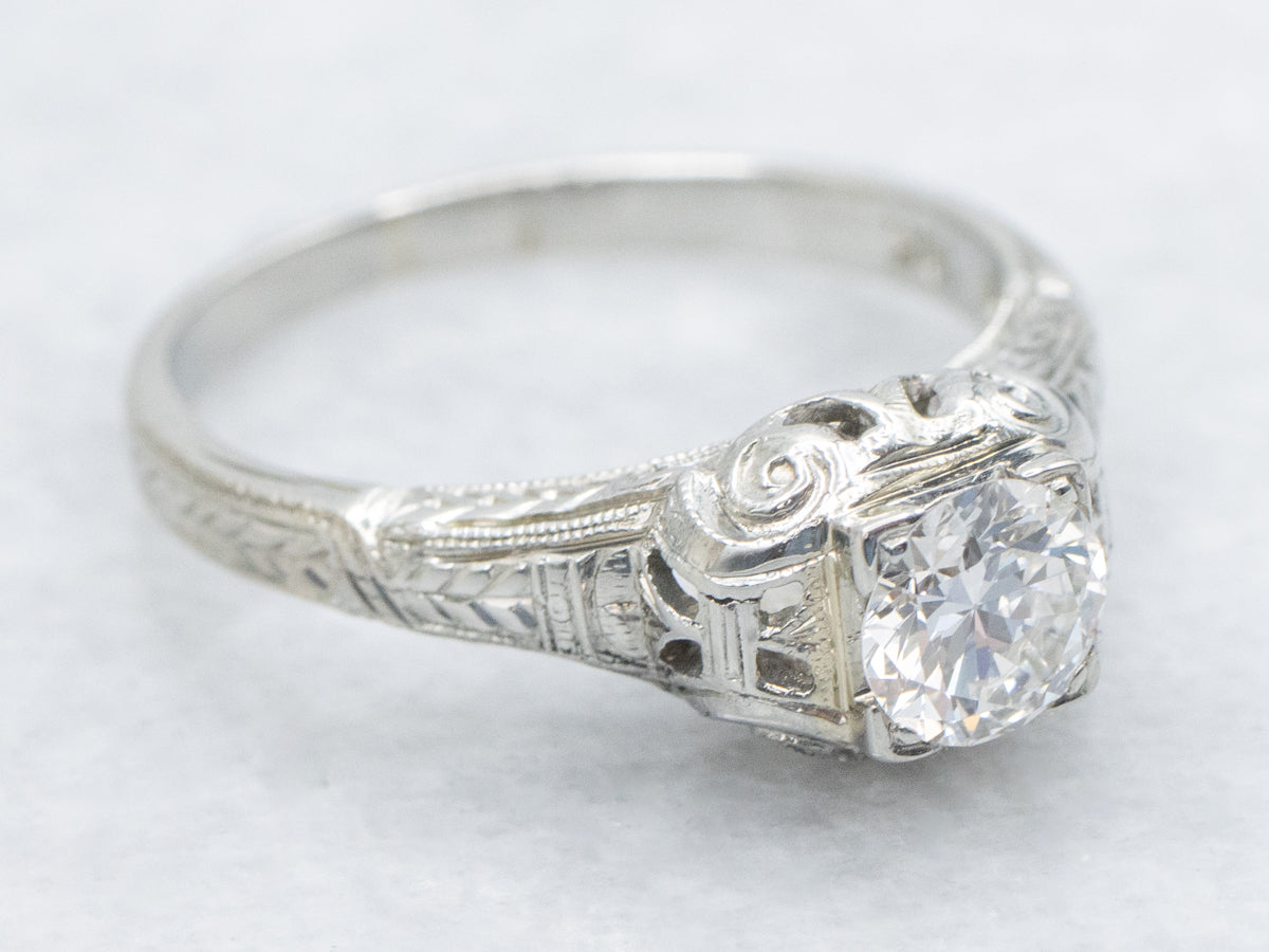 Antique Hand-Engraved Diamond Engagement Ring