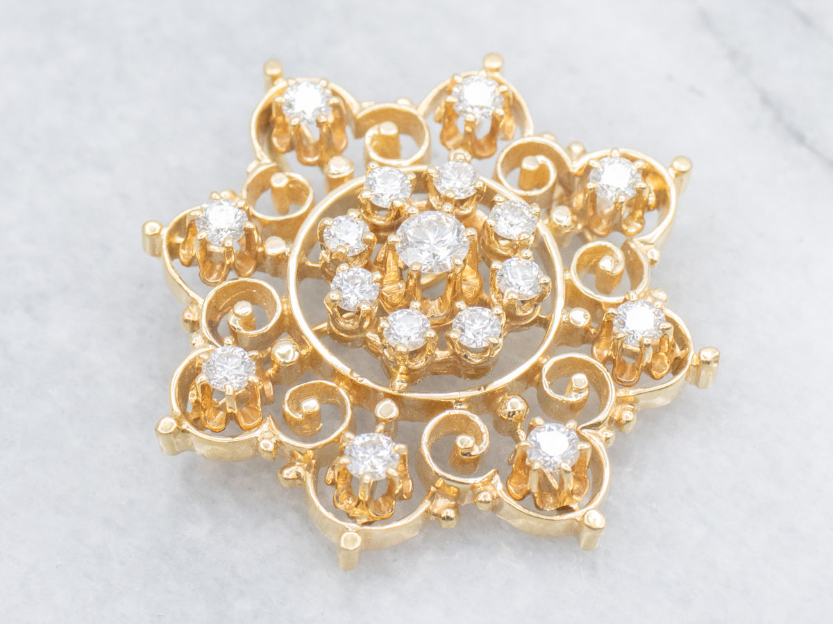 Ornate Scrolling-Gold Diamond Pin or Pendant