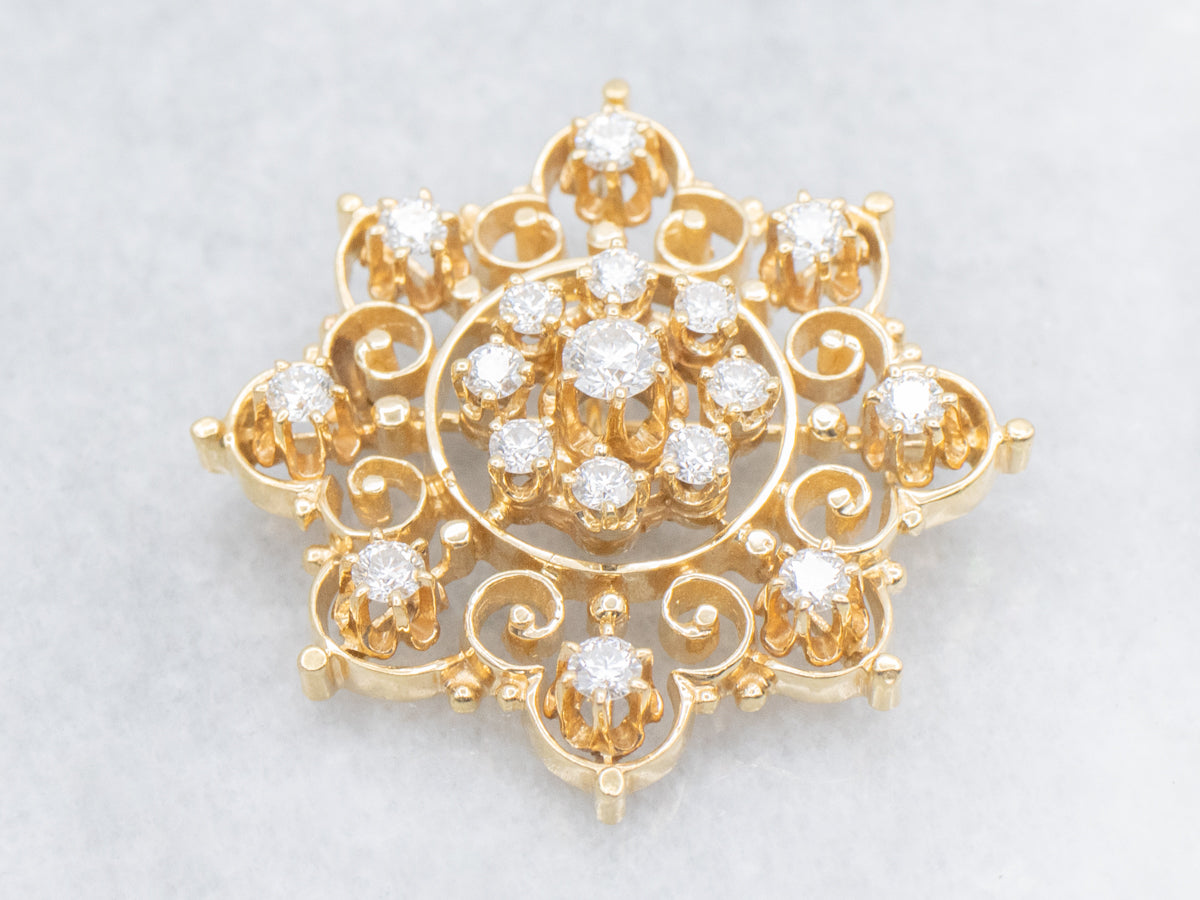 Ornate Scrolling-Gold Diamond Pin or Pendant