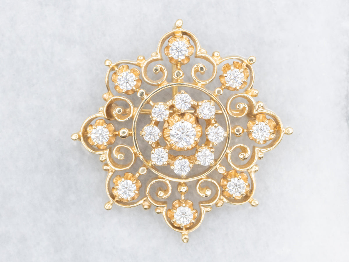 Ornate Scrolling-Gold Diamond Pin or Pendant